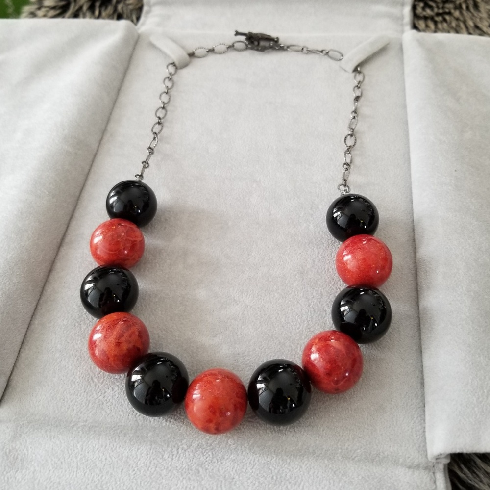 Handmade Red & Black Beaded Statement Necklace